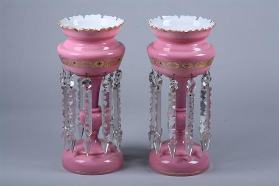 Appraisal: PAIR VICTORIAN PINK GLASS LUSTRES late th century Enamelled and