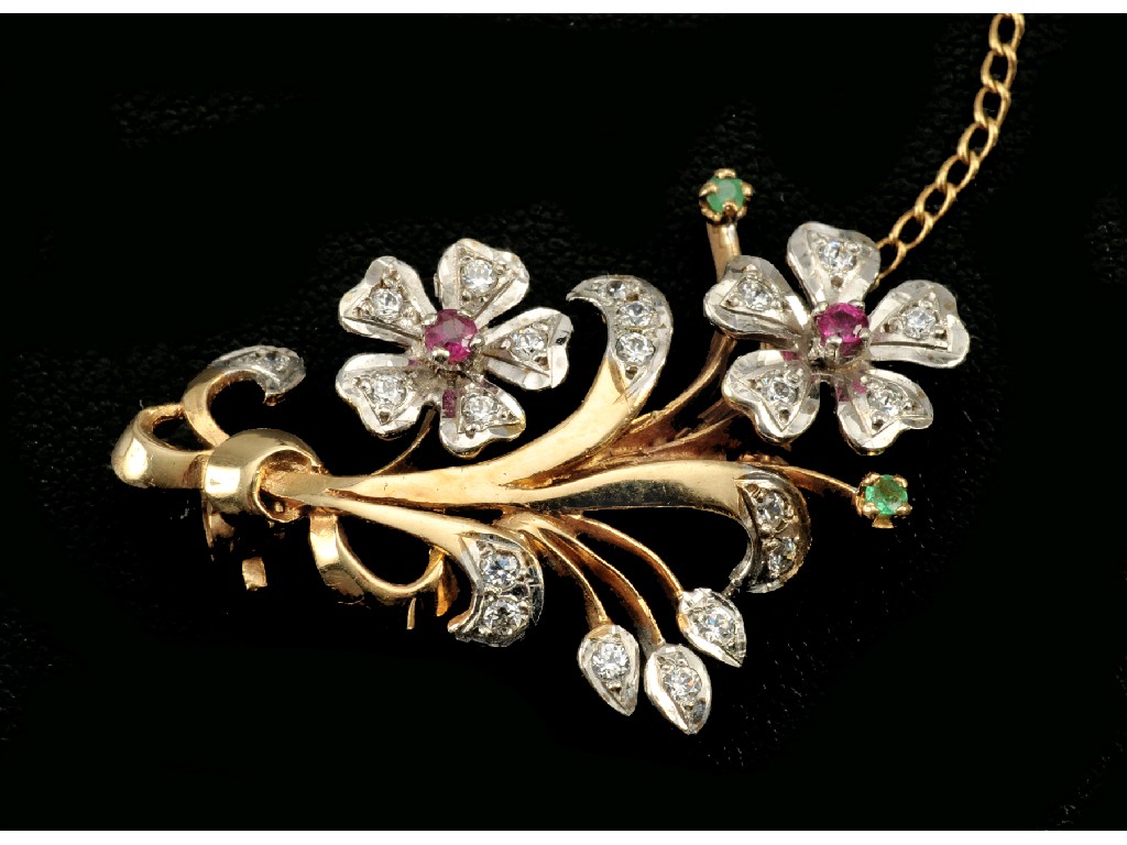 Appraisal: A Diamond Ruby and Emerald Flower Spray Brooch claw and