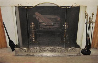 Appraisal: Group of brass fireplace implementsComprising a pair of baluster faceted