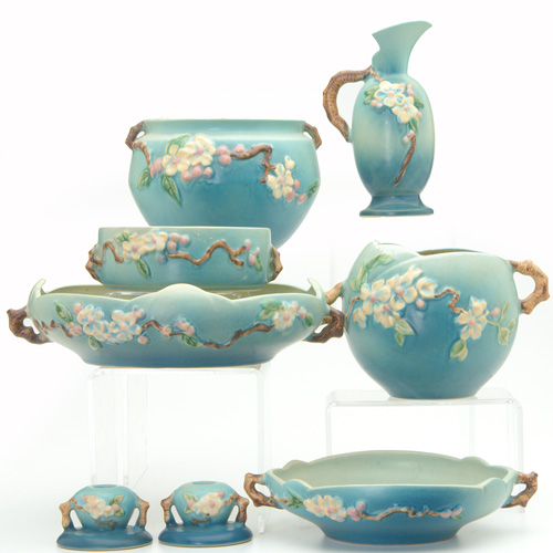 Appraisal: ROSEVILLE Eight blue Apple Blossom pieces a ewer - restored