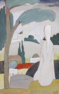 Appraisal: SCHLESINGER Samuel Gouache on Paper Woma Overlooking Landscape Samuel Schlesinger