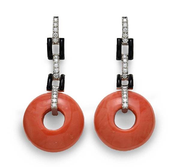 Appraisal: A pair of coral diamond and enamel dangle earrings Nardi