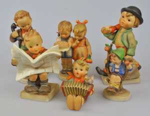 Appraisal: Six Goebel Hummel figures - boy with telephone two girls