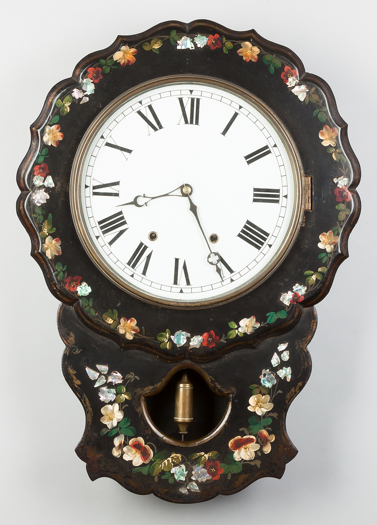 Appraisal: Floral Paper Mache Wall Clock Painted mother of pearl floral