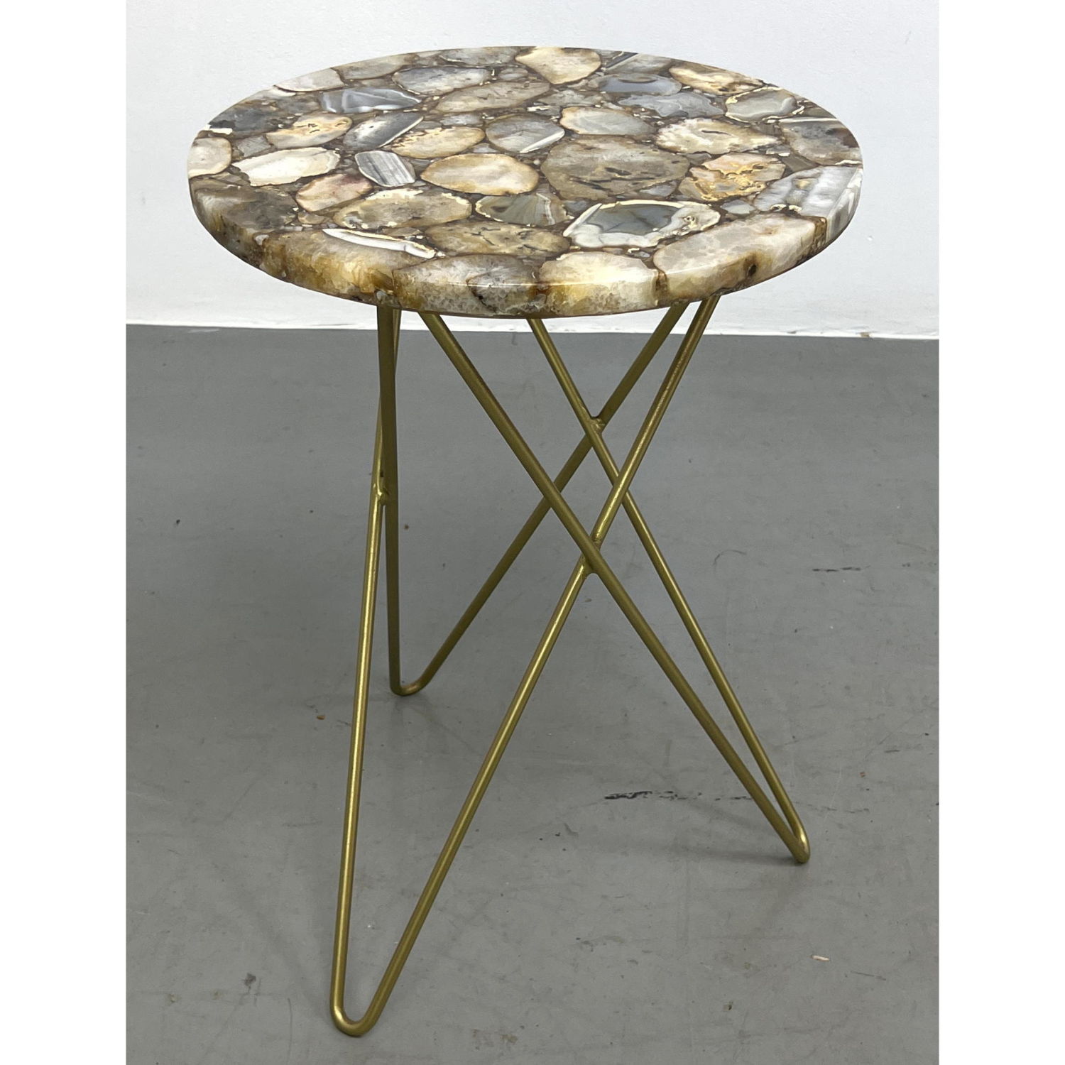 Appraisal: Organic Natural Agate Slices Round Accent Table Metal Hairpin Legs