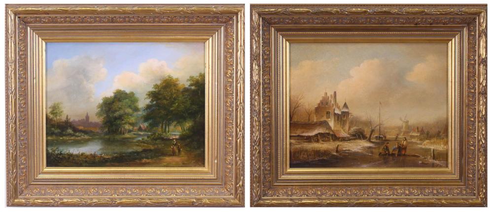 Appraisal: TWO EUROPEAN RIVER LANDSCAPES OILS ON CANVAS two figures walking