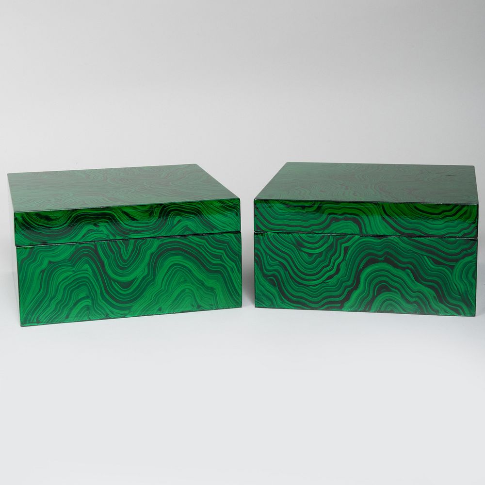 Appraisal: Pair of Modern Faux Malachite Table Boxes With flocked interior