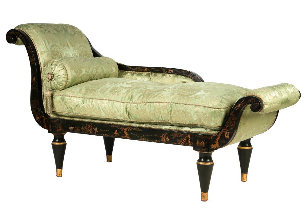 Appraisal: ROSE TARLOW CHELSEA CHINOISERIE CHAISE LOUNGEunsigned covered with green silk