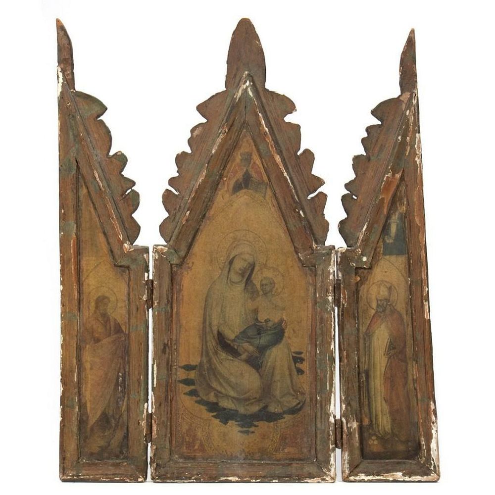 Appraisal: Gothic Style Religious Triptych The panels opening to a painted