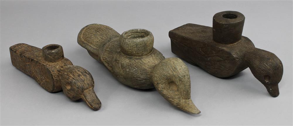 Appraisal: THREE STEATITE DUCK EFFIGY PIPES th C reproductions length in