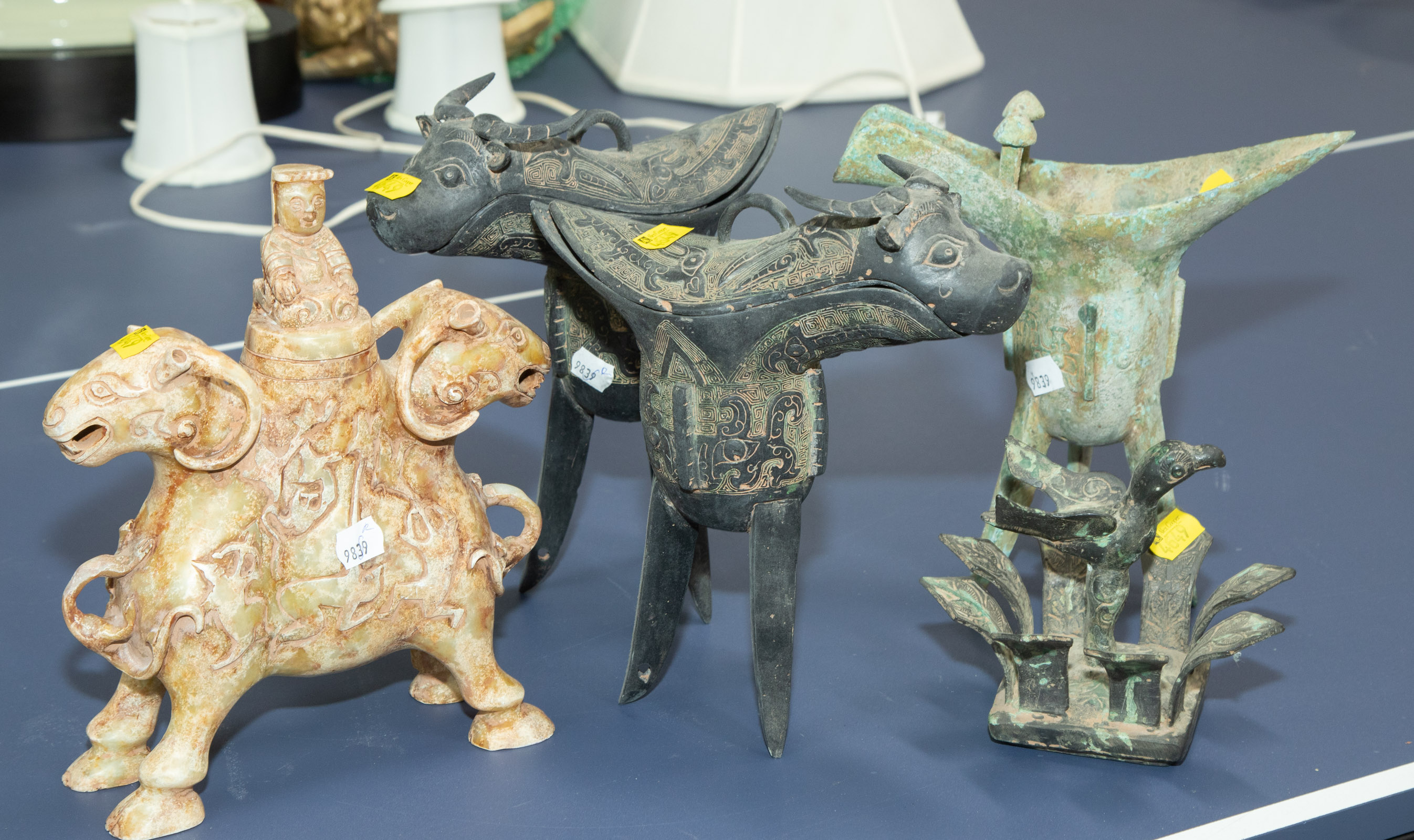 Appraisal: FIVE CHINESE ARCHAIC STYLE ITEMS Including a weathered bronze ding