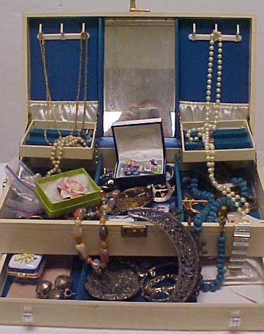 Appraisal: Costume jewelry in a fitted case including necklaces pins porcelain