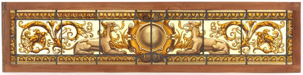 Appraisal: LONG RENAISSANCE REVIVAL ENAMELED AND LEADED GLASS PANEL x Leaded