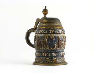 Appraisal: A Creussen pewter-mounted stoneware tankard or Apostelkrug applied with the