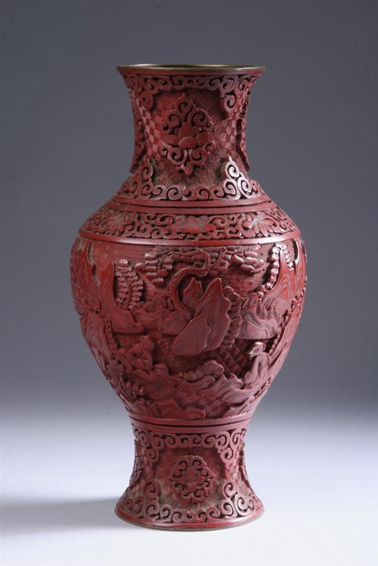 Appraisal: CHINESE RED CINNABAR LACQUER VASE Late th century marked China