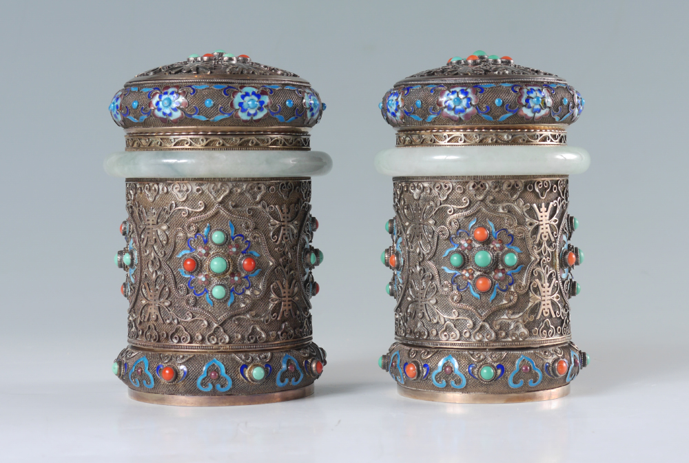 Appraisal: PAIR CHINESE SILVER ENAMEL TEA CADDIES Early th century matched