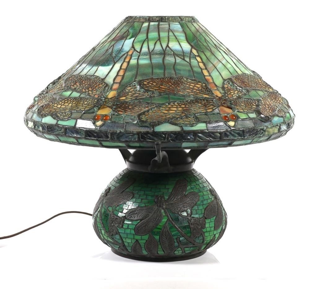 Appraisal: In the style of Tiffany dragonfly lamp and mosaic base