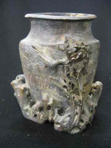 Appraisal: Chinese Carved Soapstone Vase bird floral decor ''