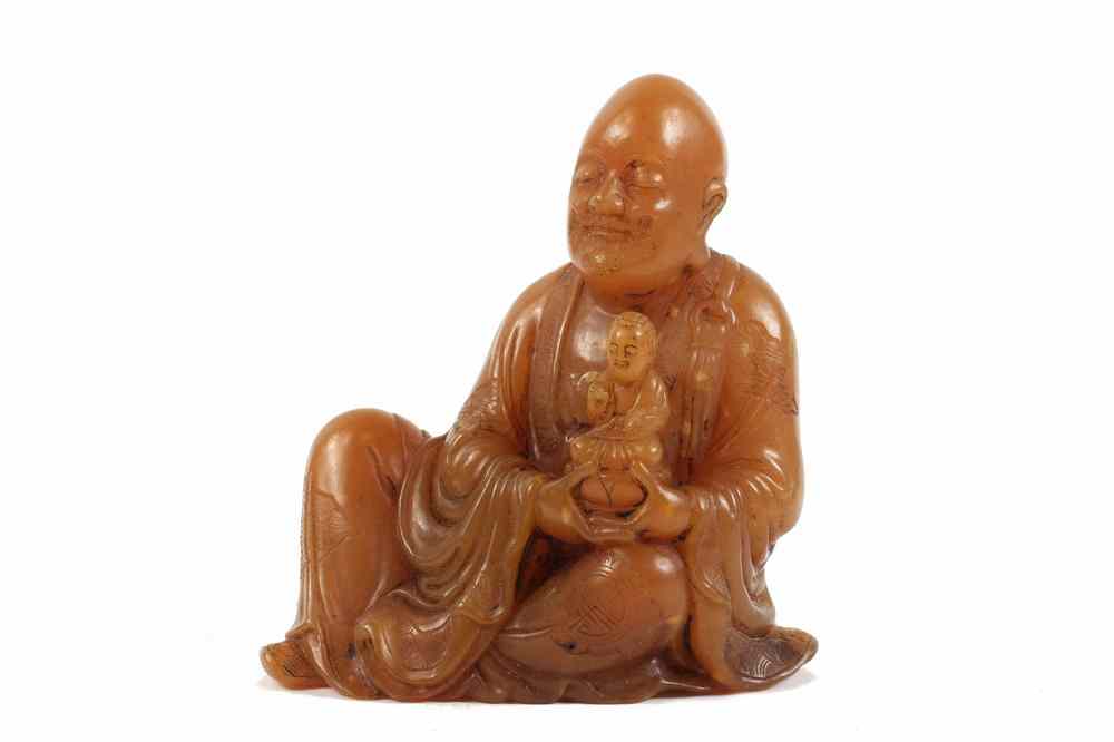 Appraisal: CHINESE SOAPSTONE CARVING - Chinese Soapstone Carving of Seated Luohan