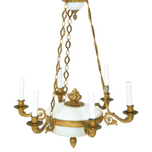 Appraisal: A French Empire Style Gilt Bronze and Opaline Glass Six-Light