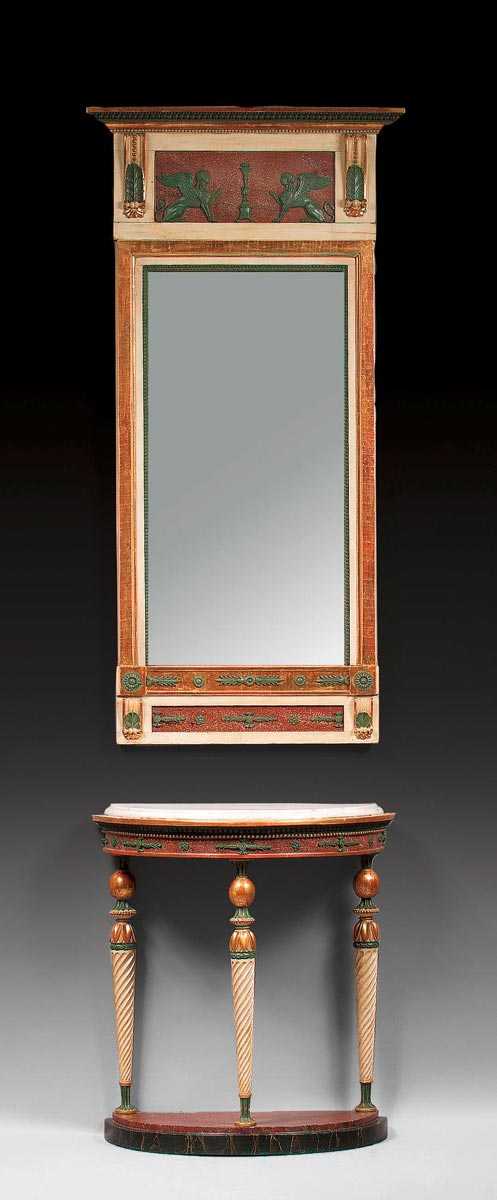 Appraisal: DEMI-LUNE CONSOLE WITH MIRROR Directoire Empire Sweden circa Carved wood