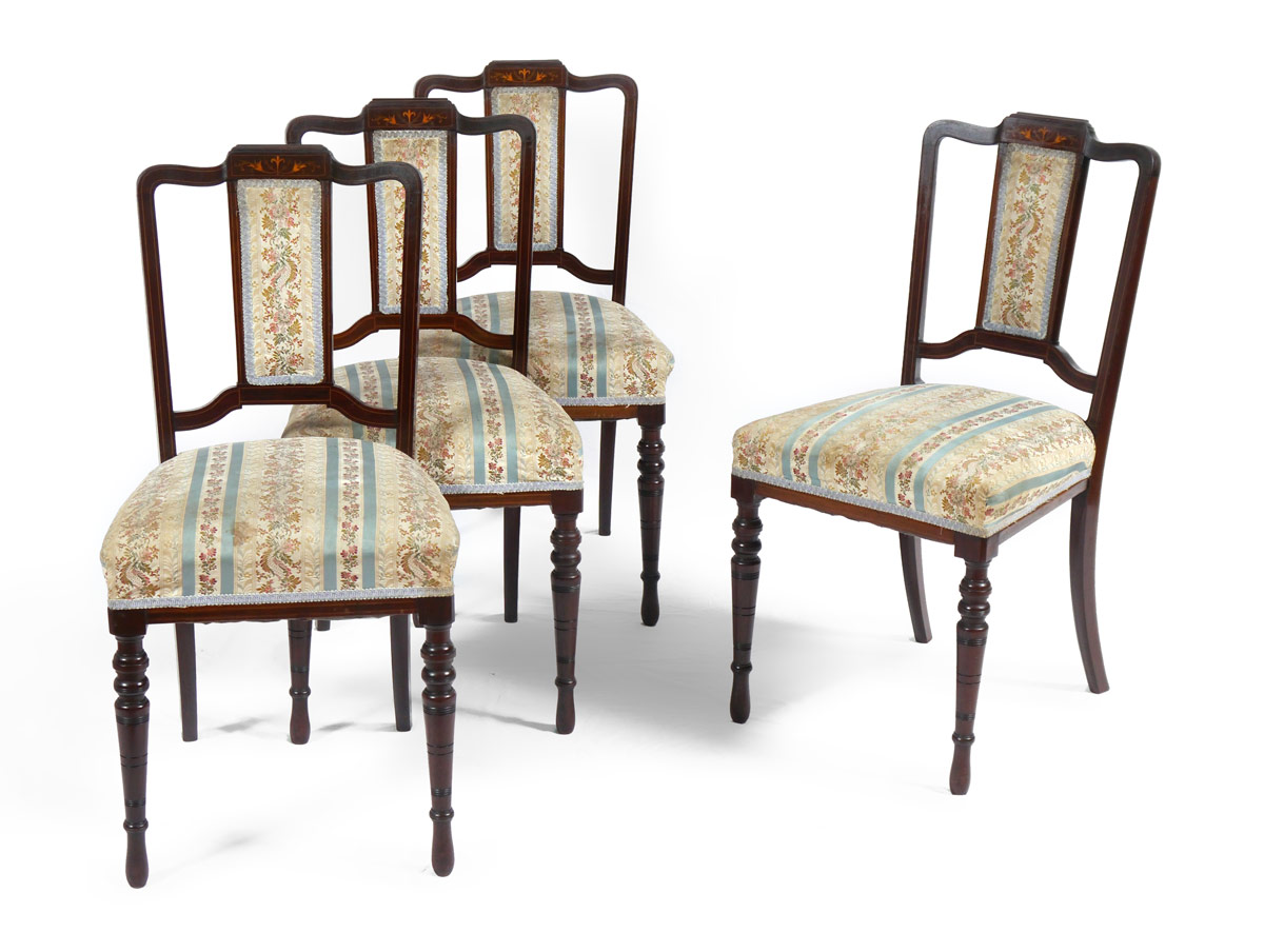 Appraisal: INLAID DINING SIDE CHAIRS Shaped backs with string and floral