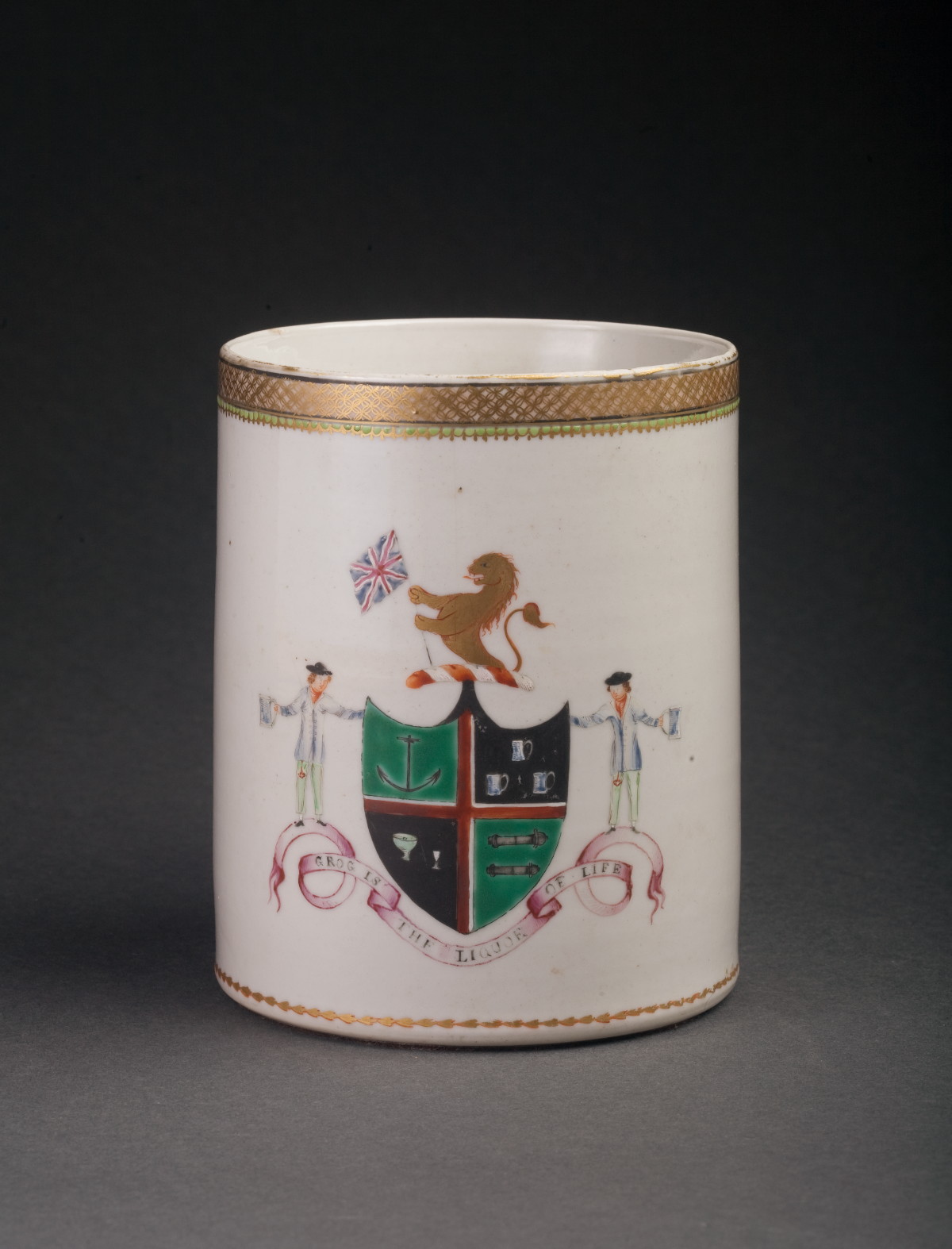 Appraisal: LARGE CHINESE EXPORT PORCELAIN PSEUDO-ARMORIAL STRAP-HANDLED MUG CIRCA Of cylindrical