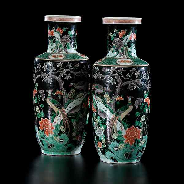 Appraisal: Chinese Famille Noir Vases Chinese th century A pair of