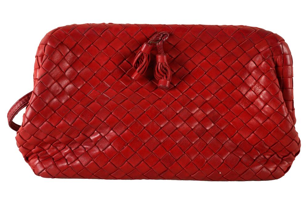 Appraisal: BOTTEGA VENETA RED WOVEN LEATHER PURSEwith label Condition some darkening