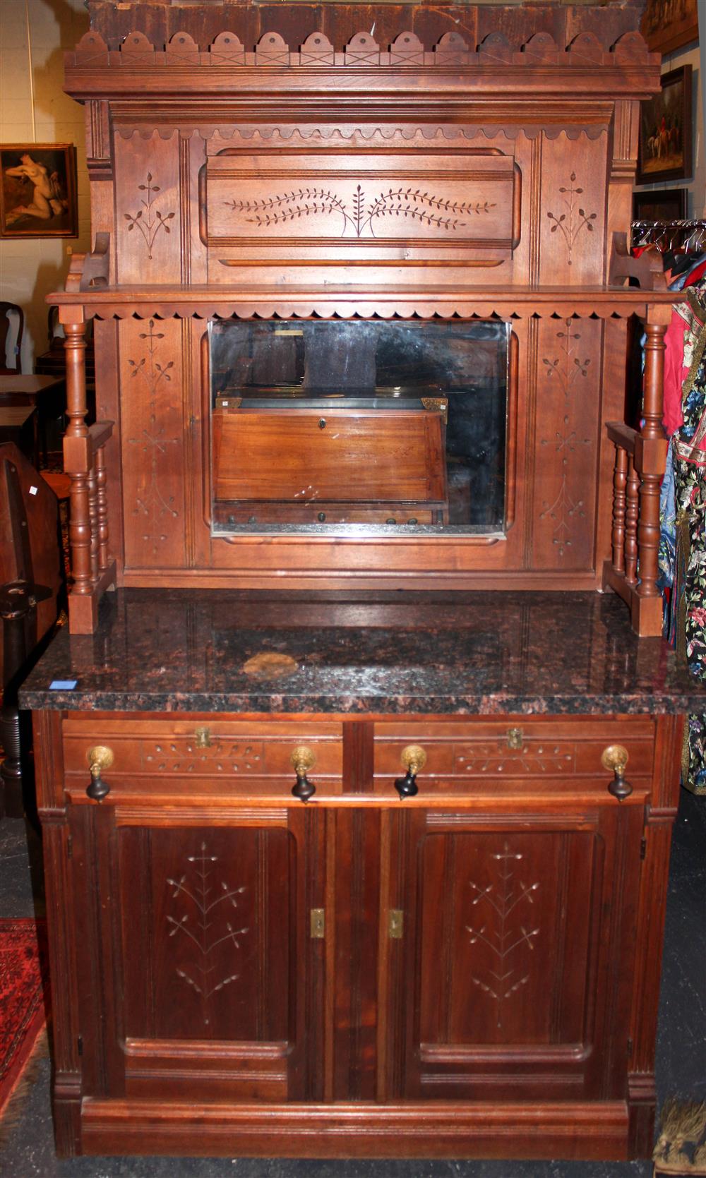 Appraisal: VICTORIAN CARVED WALNUT TWO PIECE SIDEBOARD having a molded and