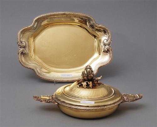 Appraisal: VERMEIL PORRIDGE DISH WITH TRAY Paris th century Maker's mark