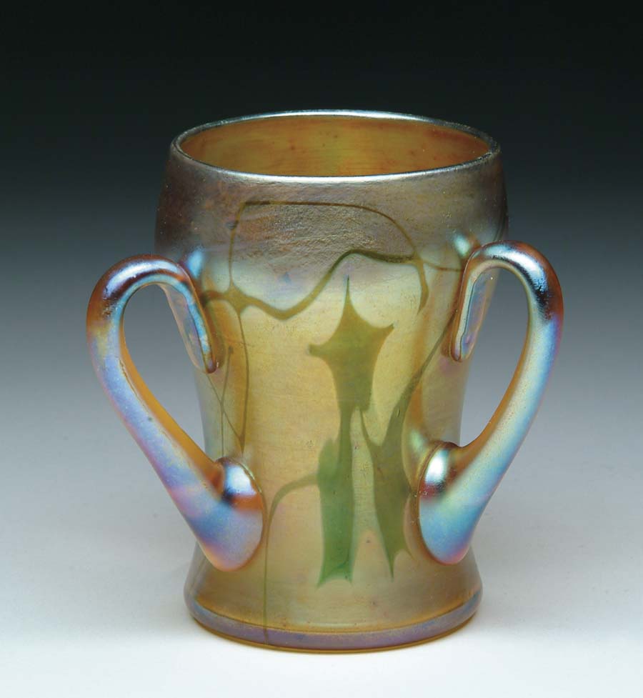 Appraisal: TIFFANY LOVING CUP Beautiful gold favrile loving cup vase has