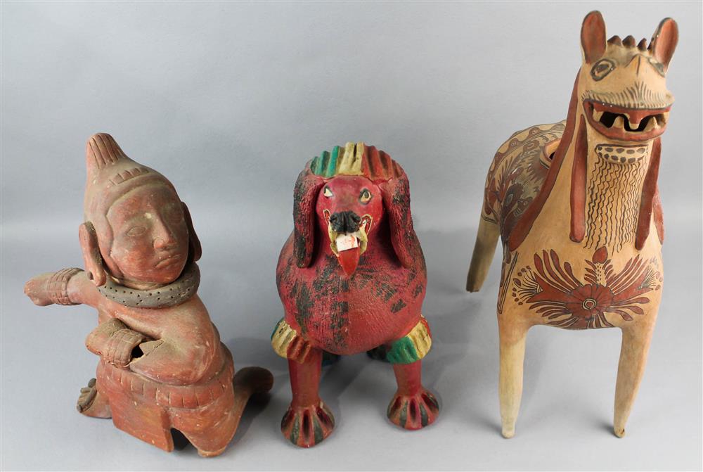 Appraisal: THREE MEXICAN CERAMIC FIGURES including one of a painted dog