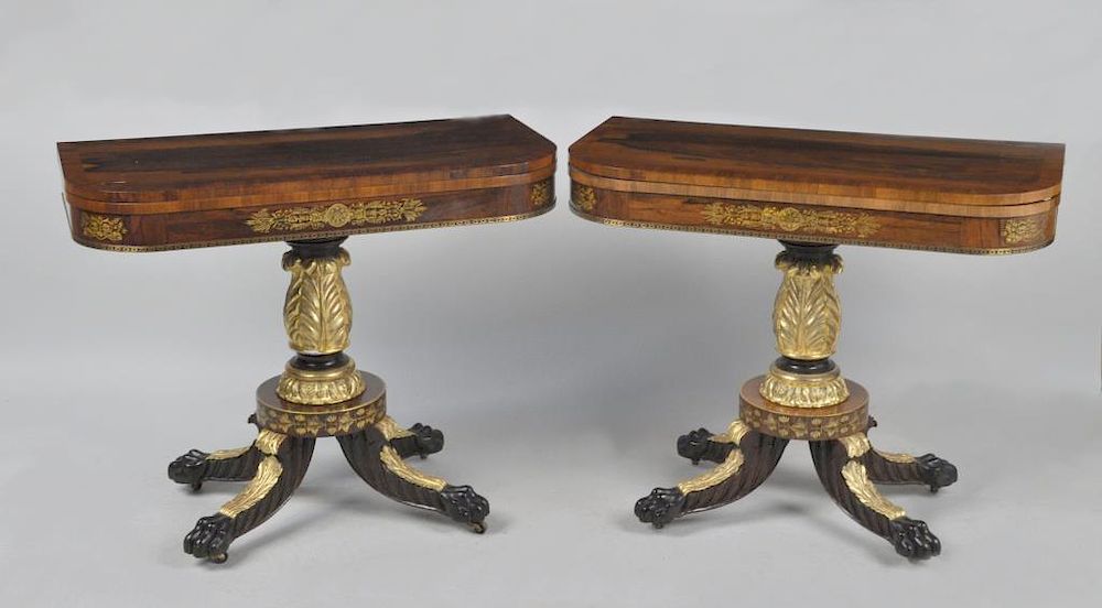 Appraisal: Pair NY Classical Stenciled Rosewood Card Tables with cross-banded D