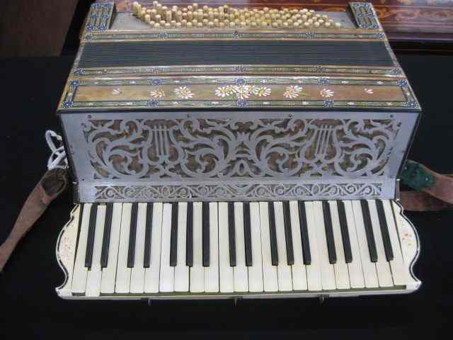 Appraisal: Antique Accordian elaborate inlay fancy metalwork with case