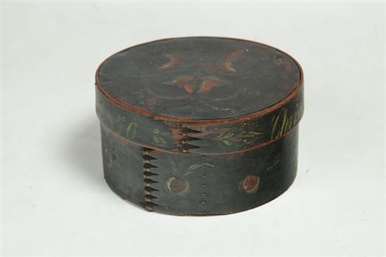 Appraisal: DECORATED PANTRY BOX American mid th century bentwood Round box