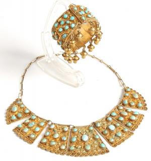 Appraisal: Egyptian Vermeil Turquoise Necklace Bracelet -silver in the tribal style