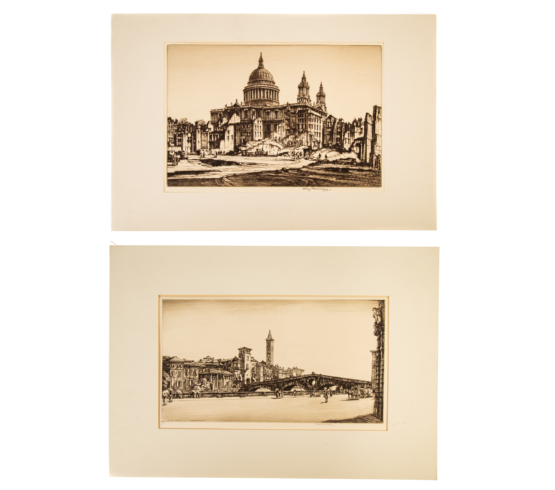 Appraisal: HENRY GEORGE RUSHBURY TWO UNFRAMED ETCHINGS British - Roman Bridge