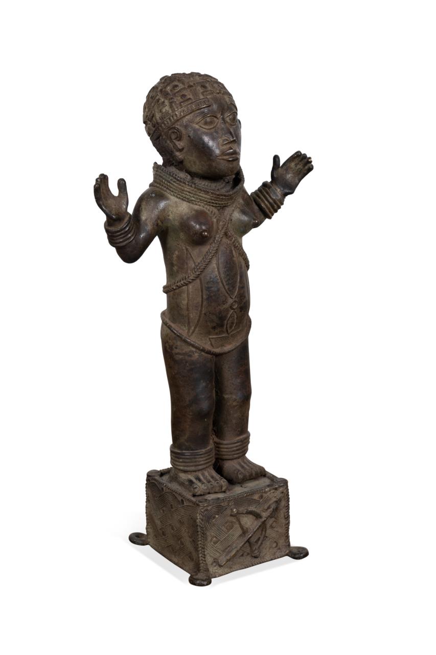 Appraisal: BENIN STYLE STANDING METAL FEMALE FIGURE African Nigerian Benin style