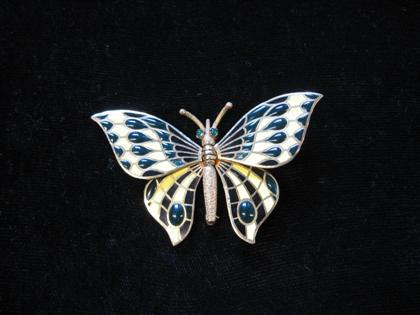 Appraisal: Articulated karat enameled yellow gold butterfly brooch With green black