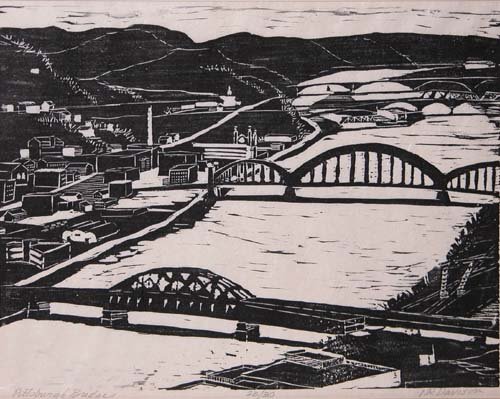 Appraisal: Pittsburgh Bridges Harris Grill Conversation Snow Scene Woodcut on Paper