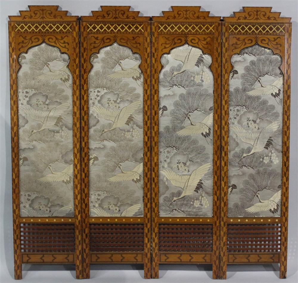 Appraisal: EDWARDIAN MARQUETRY AND PARQUETRY INLAID FADED MAHOGANY FOUR-PANEL SCREEN circa