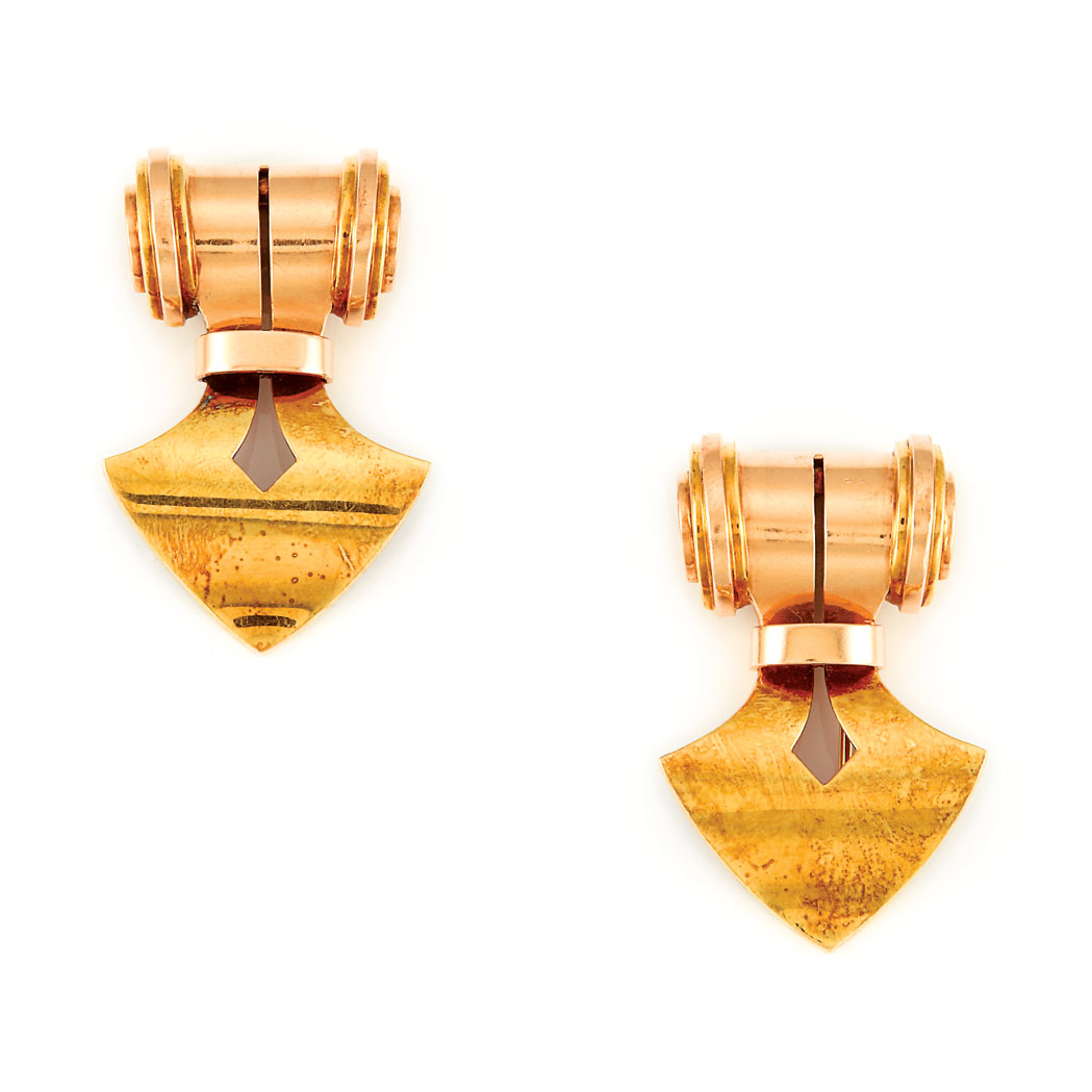 Appraisal: Pair of Retro Two-Color Gold Clip-Brooches kt rose yellow gold