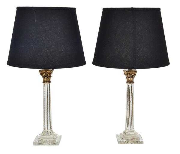 Appraisal: A PAIR OF COLUMNAR GILT METAL MOUNTED GLASS LAMP BASES