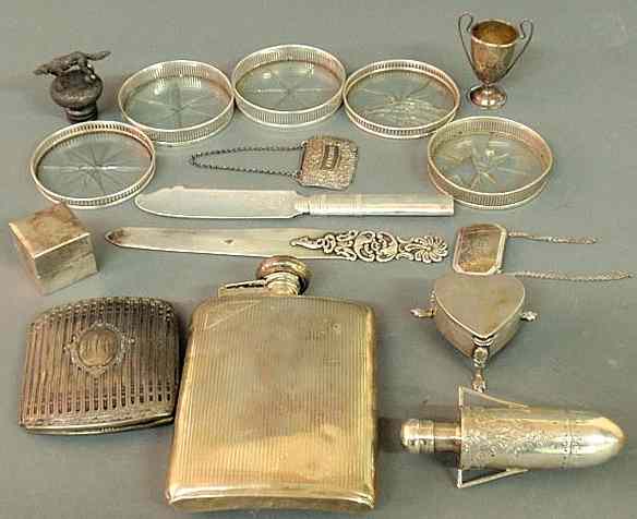 Appraisal: Group of sterling silver articles to include a flask cigarette