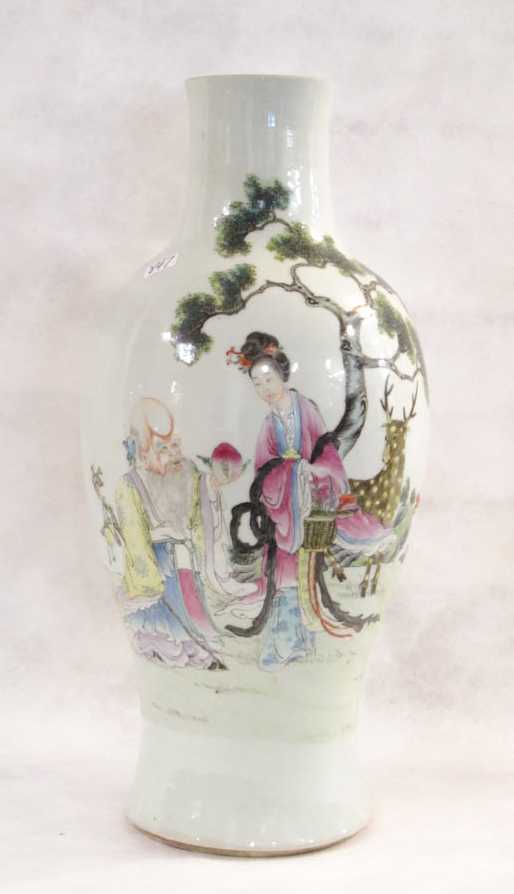 Appraisal: CHINESE HAND ENAMELED PORCELAIN VASE baluster form featuring a standing