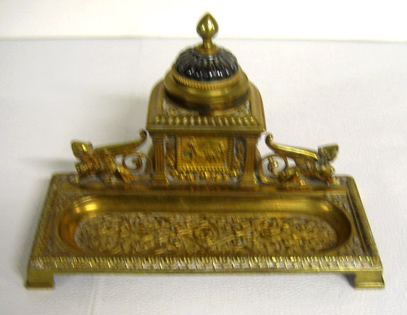 Appraisal: CONTINENTAL GILT BRASS ENCRIER Classical style semi oval inkstand with