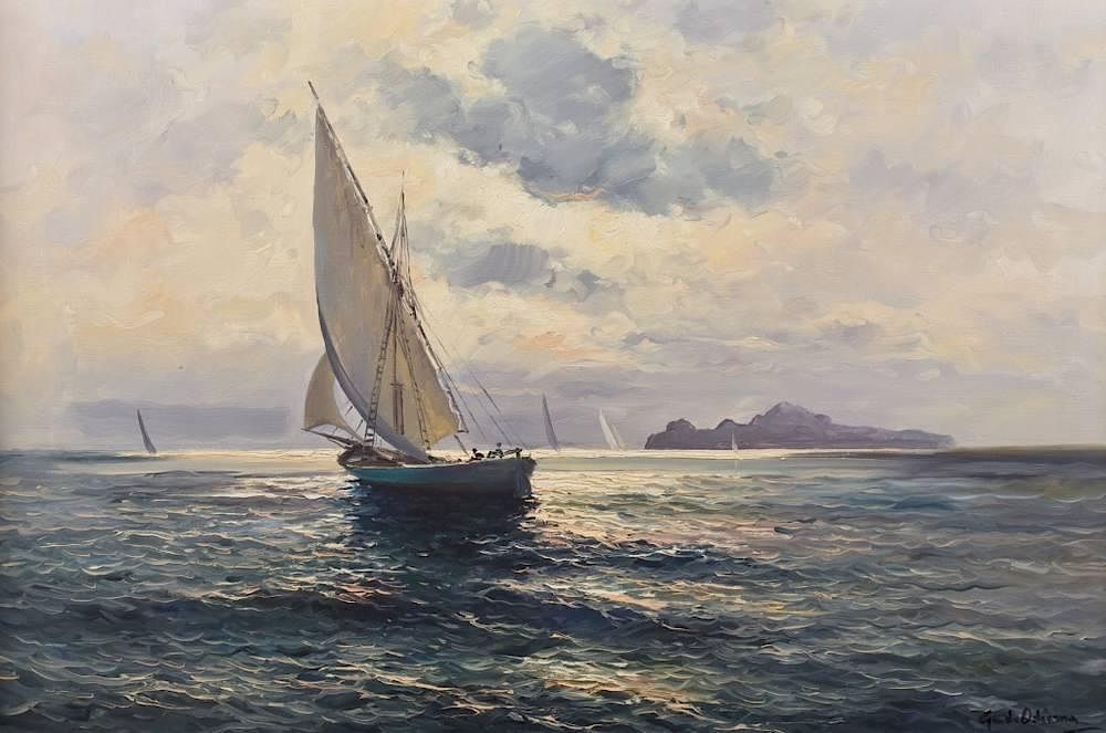 Appraisal: Guido Odierna Seascape with boat Oil on canvas Odierna Guido