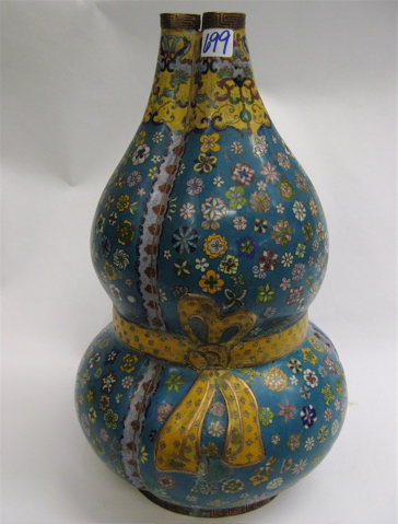 Appraisal: LARGE CHINESE CLOISONNE ENAMEL VASE gourd-shape on round pedestal base