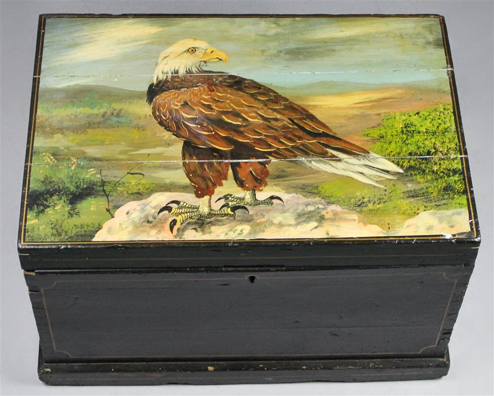 Appraisal: EAGLE PAINTED POLYCHROME-DECORATED BLANKET CHEST black painted blanket chest with